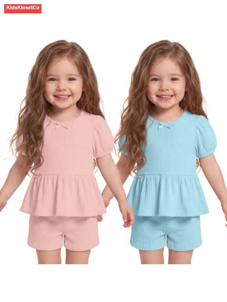 2 Pack Toddler Girls Summer Outfits Puff Sleeve Ribbed Shirts Short Sets